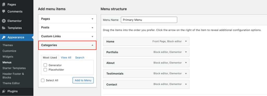 Adicionando categorias ao menu do site pela aba de aparência no painel de administração do WordPress